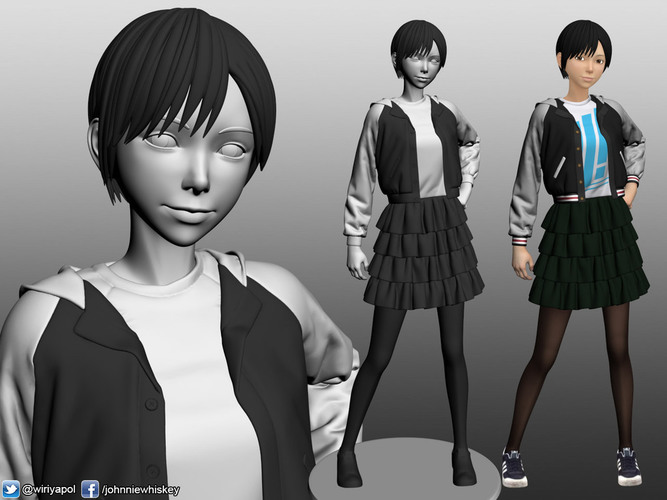 Karl the short hair girl in streetwear outfit 3D Print 120980