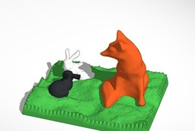 fox watching two bunnies