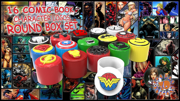 16 Comic Book Character Logos Round Box Set
