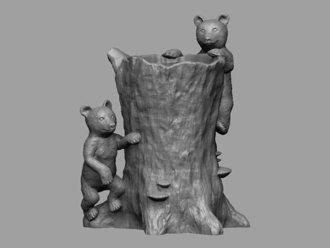 Tree Stump Vase with Bear Cubs 3D Print 222960