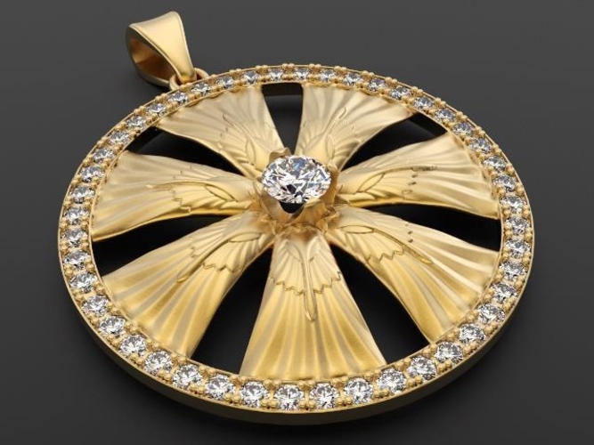 Pendant Wheel Art Nouveau With Diamond Accents 3D Print 226043