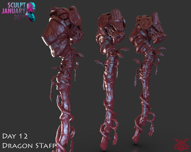 Stylized Wooden Dragon Staff 3D Print 227546