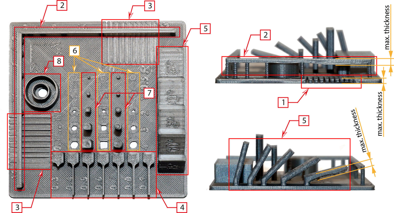 Test object with elements of the standard DIN EN ISO / ASTM
