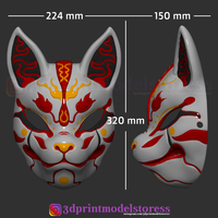Japanese Fox Mask Demon Kitsune Costume Cosplay Helmet STL File  - Thumbnail 8