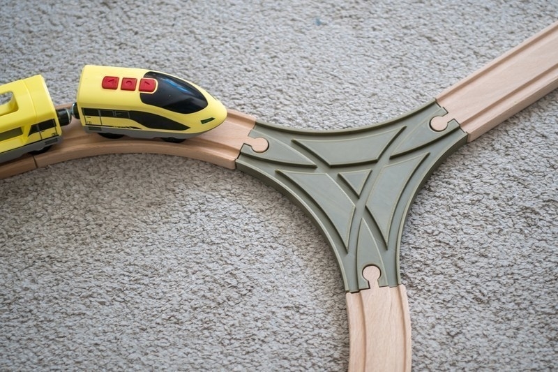 3-way wooden train track split compatible with Brio and Ikea