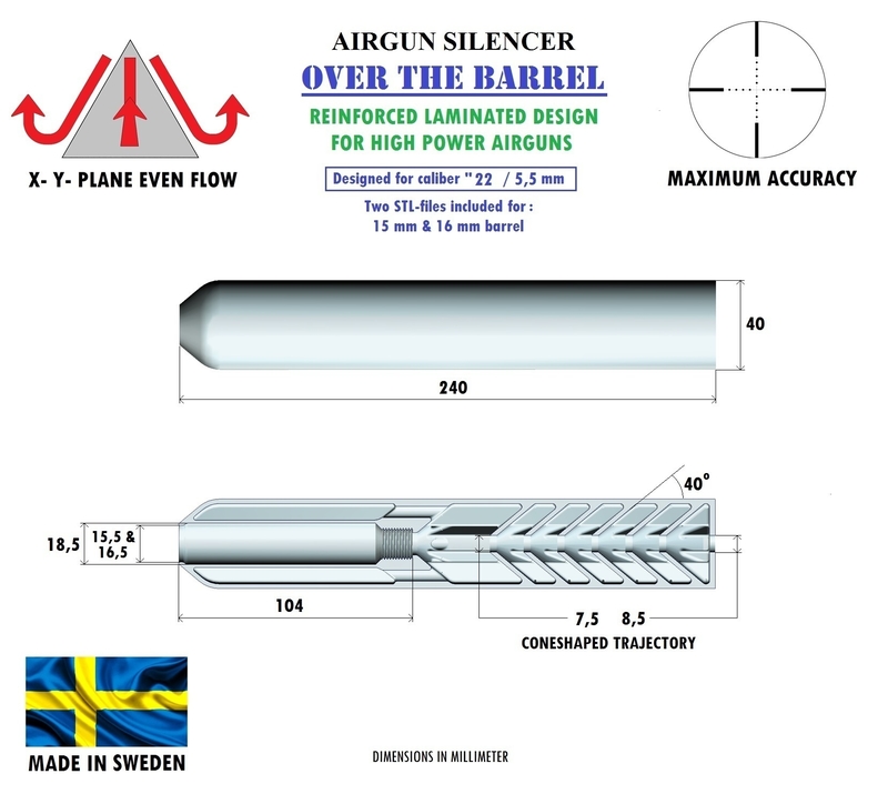 Silencer over the barrel .22 / 5,5 mm