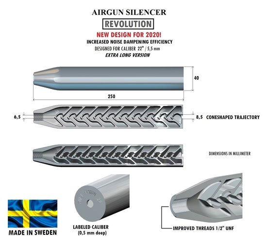 Silencer Revolution 250 mm .22" / 5,5 mm 3D Print 382233