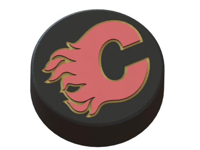 Calgary Flames logo on hockey puck