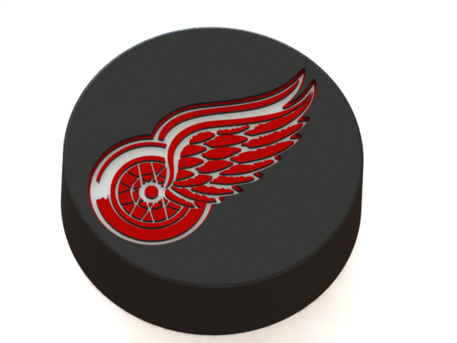 Detroit Red Wings logo on ice hockey puck.