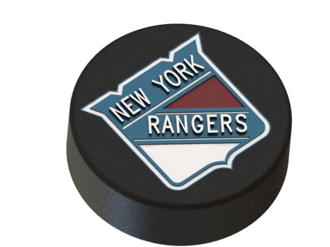 New York Rangers logo on ice hockey puck