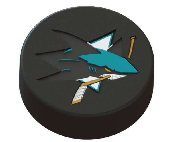 San Jose Sharks logo on ice hockey puck