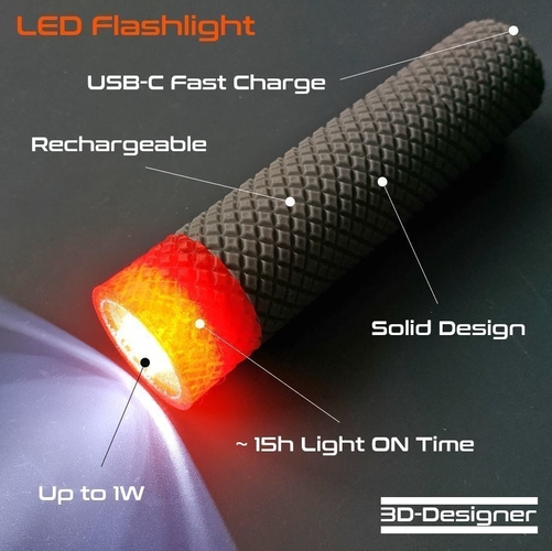 LED Flashlight with 18650 Cell and USB-C 3D Print 479400