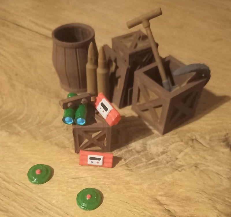 Bomb, radio, binocular, mine