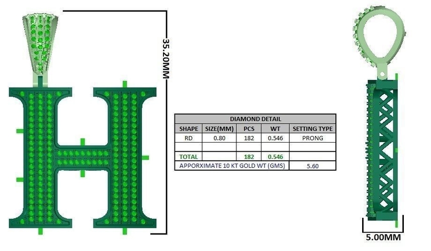 H ALPHABET PENDANT WITH ROUND DIAMOND 3D Print 524801