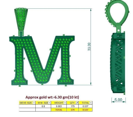 M ALPHABET PENDANT WITH ROUND DIAMOND 3D Print 524831