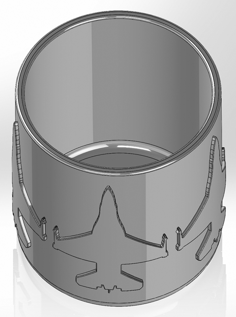 Round pencil case with five silhouettes of the F-16 aircraft