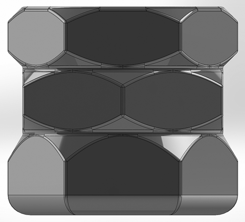 A pen cup in the shape of 3 nuts with round tiles