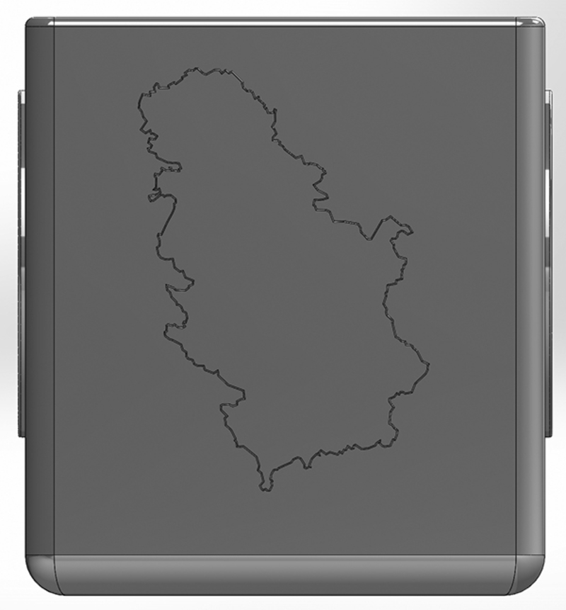 Square pen cup with embossed US logo and map of Serbia