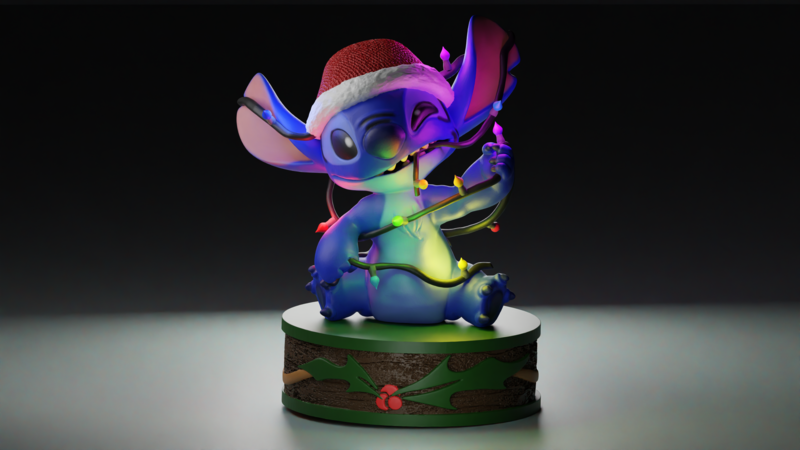 Stitch tangled in Christmas lights