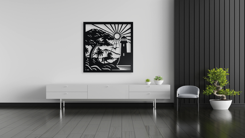 Horse by the Lighthouse - Coastal Silhouette Wall Art