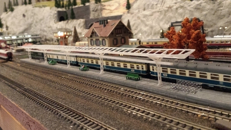 n-scale train station overhead