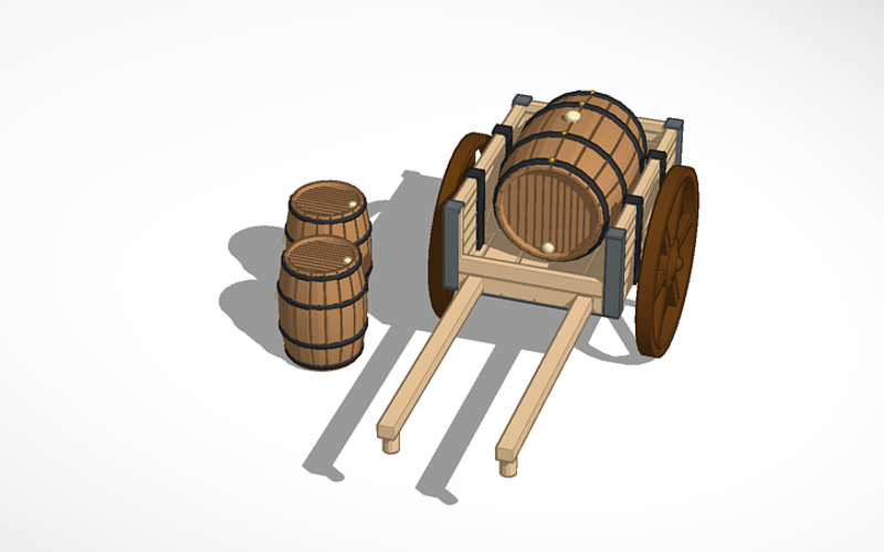 Wheelbarrow and wooden barrels