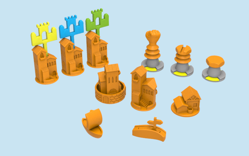 Catan pieces (Cities & Knights + Seafarers)