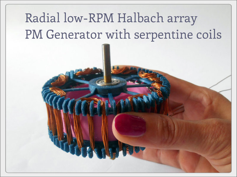 Radial low-RPM Halbach array PM Generator with serpentine coils.